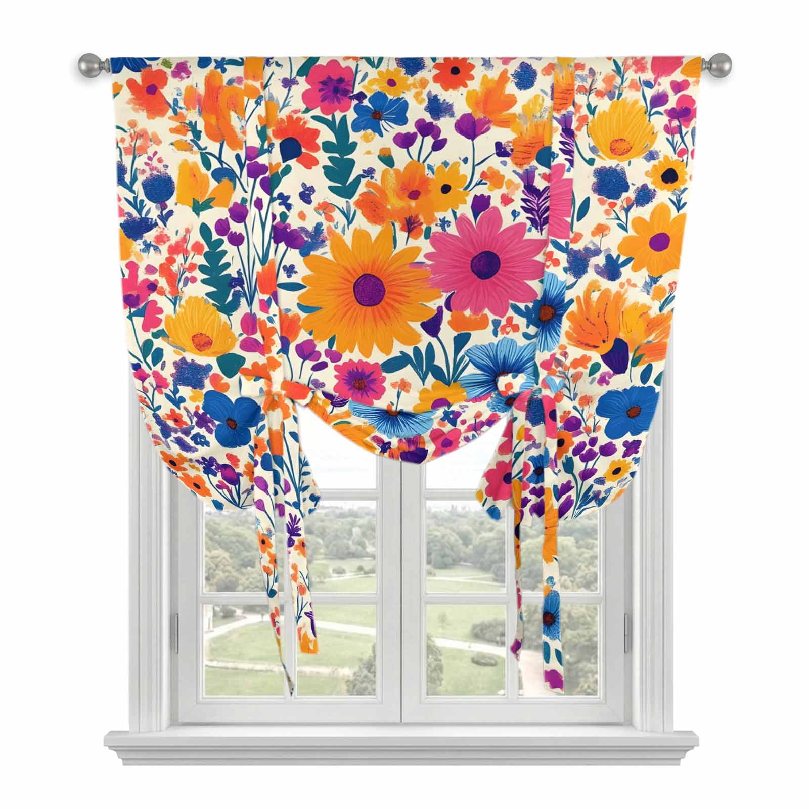 Retro Yellow Tie Up Curtain 63 Inches Long, Pink Blue Floral Country ...