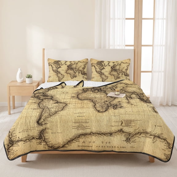 Retro Yellow World Map North America Asia 3 Pieces Quilt Set,1 Quilt with 2 Shams,Pacific Plate Bedspread Soft Lightweight Bedding Coverlet Comforter Set for All Season 96"x106"