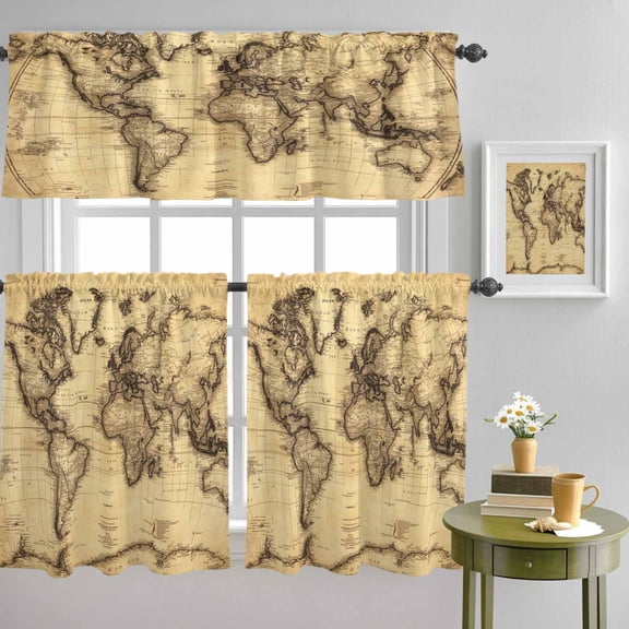Retro Yellow World Map North America Asia Curtain Tier and Valance Set 3 Piece, Pacific Plate 3-inch Rod Pocket Window Tier Curtains Valance for Kitchen Living Room