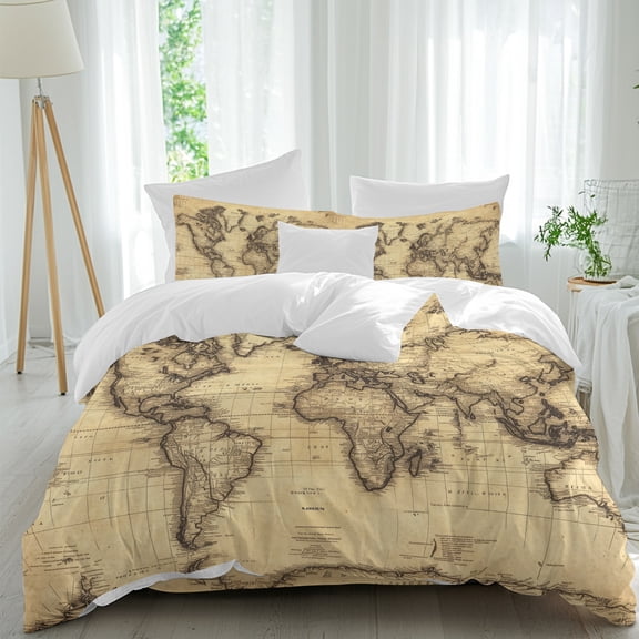 Retro Yellow World Map North America Asia Full Size Bed Set,Pacific Plate Bedding for All Seasons,4 Pcs Bed Set,1 Quiltcover(86"x86"),1 Sheet(80"x116"),2 Pillowcases(30"x20")