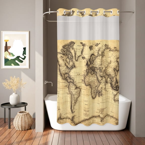 Retro Yellow World Map North America Asia No Hook Shower Curtain with See Through Top Window,Pacific Plate Waterproof Shower Curtains for Home Hotel Bathroom Decor,36x72in