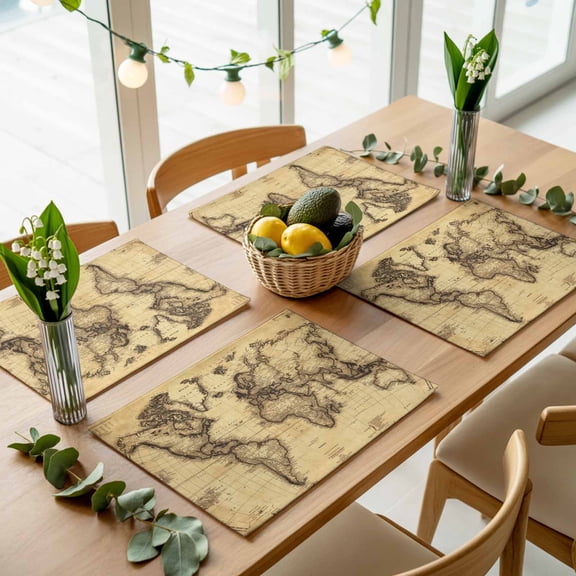Retro Yellow World Map North America Asia Placemats Set of 4,Wipeable Washable Table Mats for Dining Tables, Pacific Plate Place Mats for Kitchen Event Party Tabletop Decor