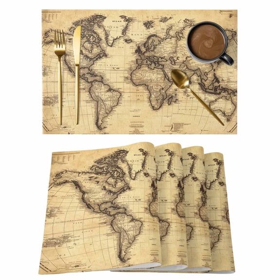 Retro Yellow World Map North America Asia Placemats Set of 6,Wipeable Washable Table Mats for Dining Tables, Pacific Plate Place Mats for Kitchen Event Party Tabletop Decor