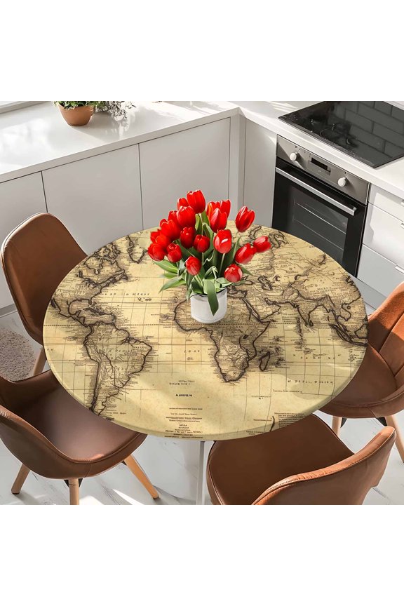 Retro Yellow World Map North America Asia Round Fitted Tablecloth with Elastic Edge,Waterproof Table Cloth Fits Tables Up to 36"-44",Wipeable Table Cover for Indoor Outdoor Dinning,Pacific Plate