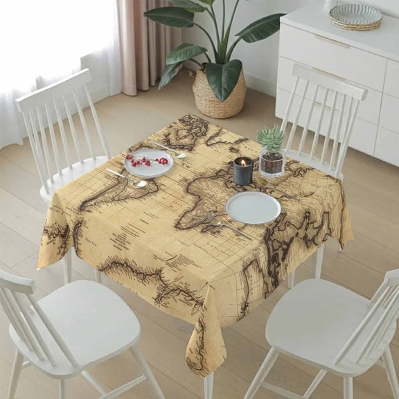 Retro Yellow World Map North America Asia Table Cloth 54x54in, Waterproof Square Tablecloth Wipeable Tablecloths Pacific Plate Table Covers for Dining Tables Party Indoor Outdoor