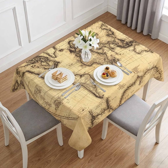 Retro Yellow World Map North America Asia Table Cloth 60x84in, Waterproof Rectangle Tablecloth Wipeable Tablecloths Pacific Plate Table Covers for Dining Tables Party Indoor Outdoor