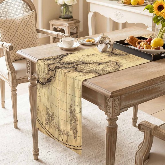 Retro Yellow World Map North America Asia Table Runner 13x60in Non-Slip Cotton Linen Table Runners, Pacific Plate Dresser Scarves TableRunner for Dinner Kitchen Dining Wedding Party