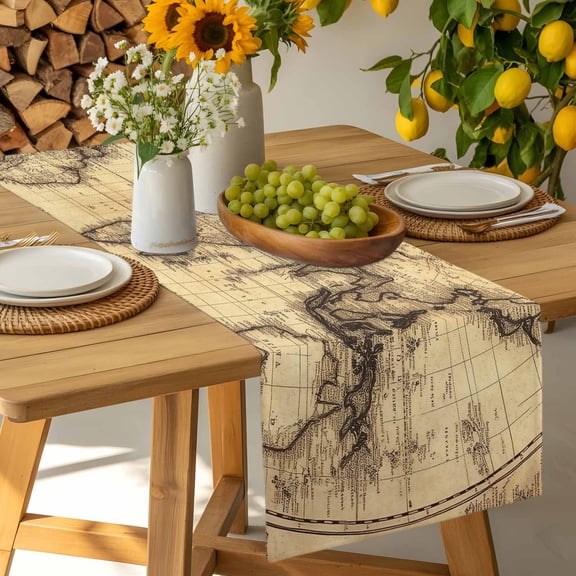 Retro Yellow World Map North America Asia Table Runner-36 Inch Long Pacific Plate Table Runners Linen Burlap Tablerunner for Kitchen Dining Room Holiday Party