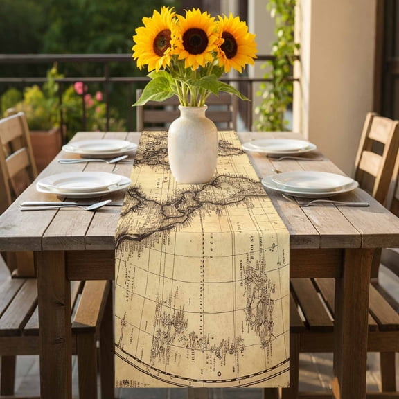 Retro Yellow World Map North America Asia Table Runner 36 Inches Long,Kitchen Dining Tablerunners Pacific Plate Linen Table Runners Dresser Scarves for Home Dinner Wedding Holiday Party Decor