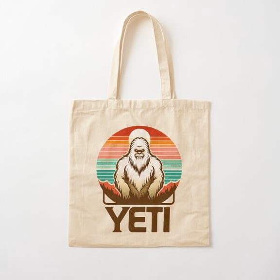 Retro Yeti Illustration With Mountains And Sunset Cotton Tote Bag Canvas Tote Bag, Family Gift For Mother, Her
