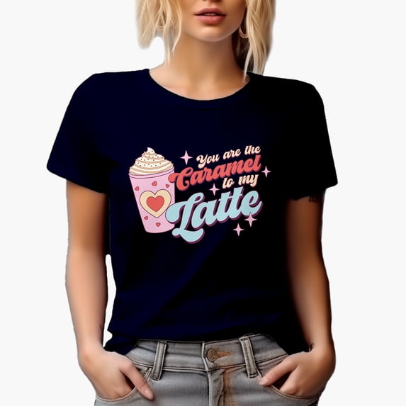 Retro You Are the Caramel to My Latte, Valentine's Day Art Merch Gift, Navy Blue T-Shirt, Small