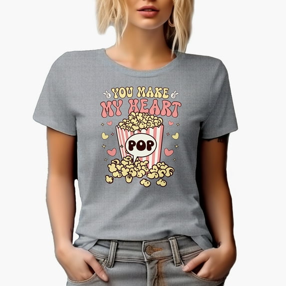 Retro You Make My Heart Pop with Popcorn & Groovy Text, Valentine's Day Gift, Heather Grey T-Shirt, XL