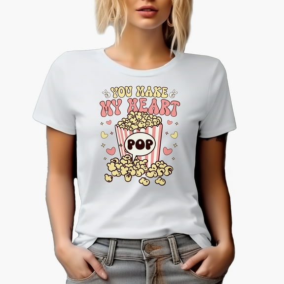 Retro You Make My Heart Pop with Popcorn & Groovy Text, Valentine's Day Gift, White T-Shirt, Large