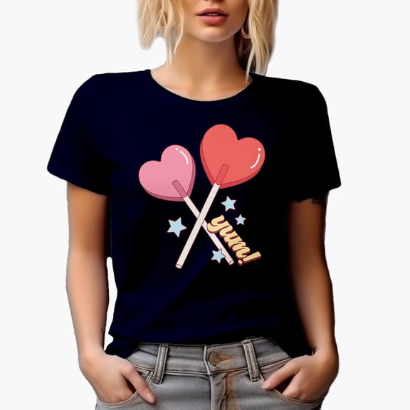 Retro Yum & Heart Lollipops Art, Valentine's Day Gift, Navy Blue T-Shirt, 3XL