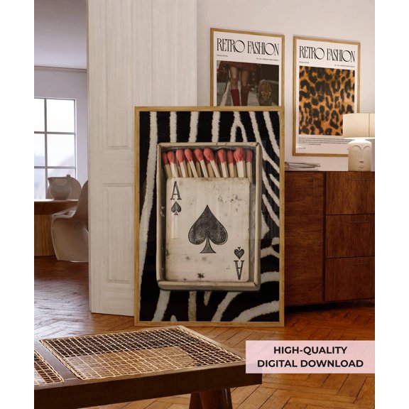 Retro Zebra Matchbox Wall Art Playing Card Kitchen Print Trendy Dorm Room And Bar Cart Decor Zebra Wall Art, Unframed Paper Print