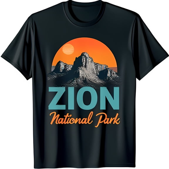 Retro Zion Park Black T-Shirt with Mountain Range & Sunset Design