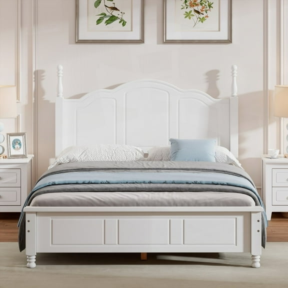 Retro and Full Size Wood Platform Bed Frame with Wooden Slat Support in White