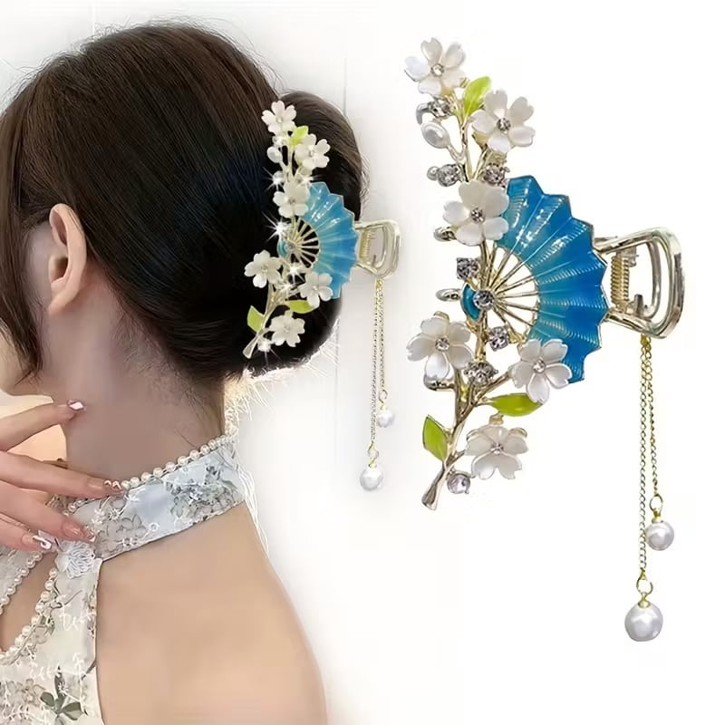 Retro and elegant new Chinese style rhinestone flower hairpin, imitation pearl tassel fashionable clip, elegant hair accessory