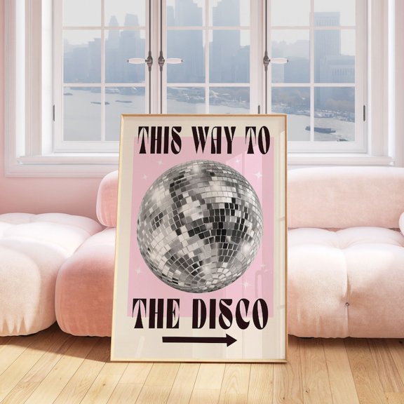 Retro arrow sign disco ball poster featuring this way to the disco pink party aesthetic print Wall Art Decor 24x36 UNFRAMED