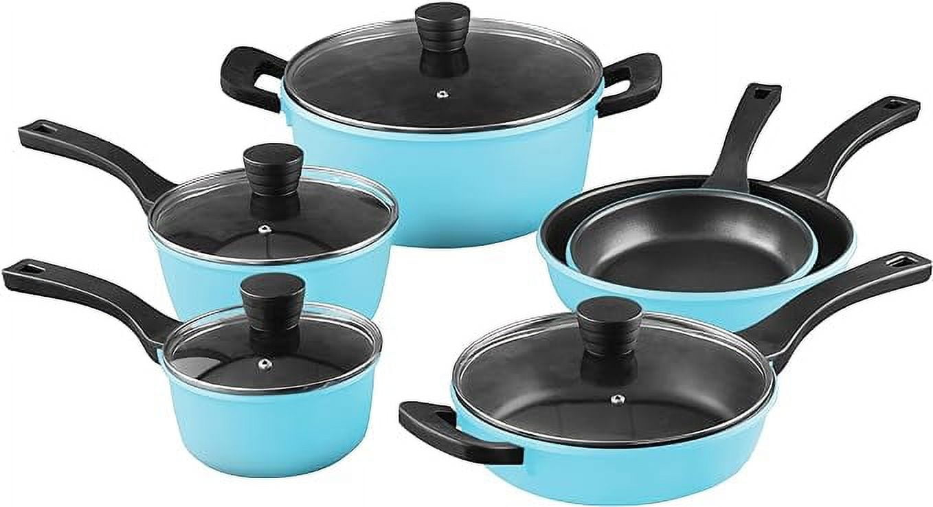 Retro by Bergner - 10 Pc Non Stick Cast Aluminum Pots and Pans Cookware Set,  10 Pieces, Blue in 2023