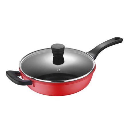 Retro by Bergner - 11" Non Stick Cast Aluminum Saute Pan with Vented Glass Lid, 11 Inches, 4 Quarts, Red