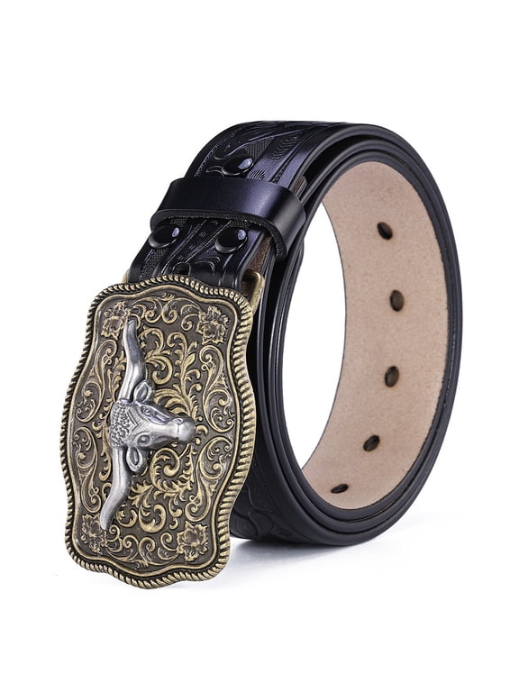 Retro carved buckle leather belt in the style of American Western cowboys, suitable for both men and women. Trendy animal pattern waistband for men, with a distinctive ethnic style