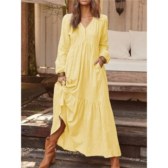 Retro casual long-sleeved cotton and linen dress