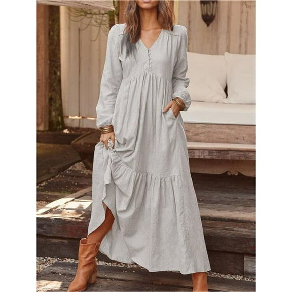 Retro casual long-sleeved cotton and linen dress