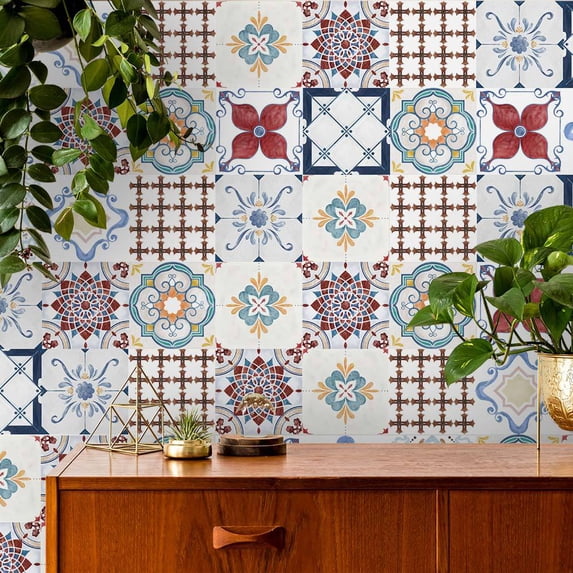 Retro flower tile wall sticker removable kitchen oil-proof tile sticker, 9PCS Traditional DIY Murals, for Bathroom & Kitchen Backsplash