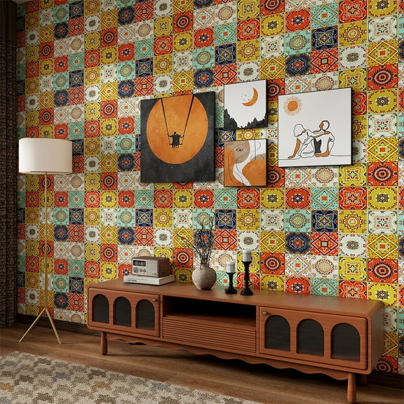 Retro flower tile wall stickers self-adhesive kitchen oil-proof tile stickers, Moroccan Tile Peel and Stick Backsplash, Waterproof Mandala Stick on Wall Tiles