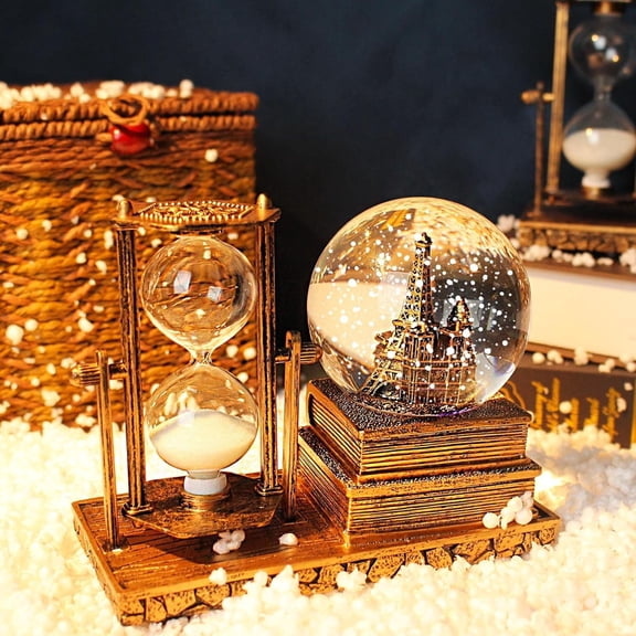 Retro hourglass timer LED Music Snow Globe with Hourglass Vintage Castle Paris Eiffel Tower Home Decoration for Living Room Bedroom Book Shelf TV Cabinet Desk Table Top Decor Centerpieces Ornaments