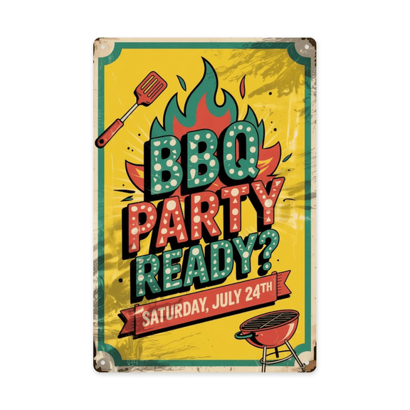 Retro humor wall art sign featuring BBQ Party Ready Metal Tin Sign Backyard Patio Decor Perfect For Hanging In Kitchen Pool Area Rustic Vintage Finish 8x12 inch metal sign for home bar wall decor