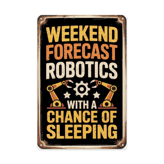 Retro humor wall art sign featuring Weekend Forecast Robotics Chance Sleeping Metal Tin Sign Tech Decor Perfect For Hanging In Offices Labs Dorm Rooms With 8x12 inch metal sign for home bar wall