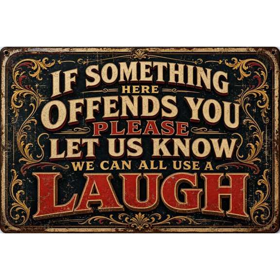 Retro humorous teasing sign with metal decoration, 8x12 inches, black, gold and red engraved, for a bar or garage with a unique industrial style, personalized metal sign.