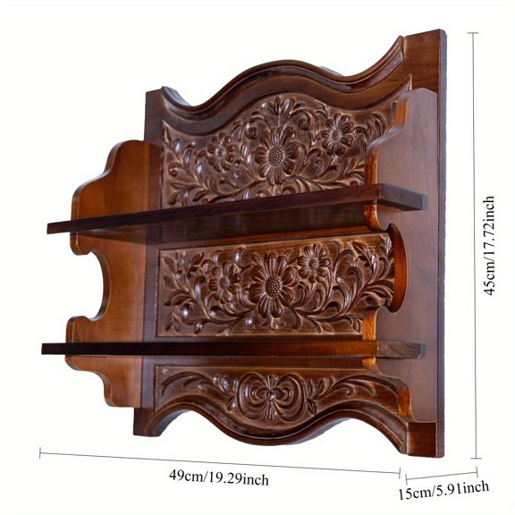 Retro large-sized pine wood relief shelving, double-layer home storage partition shelving, carved patterns, practical shelving