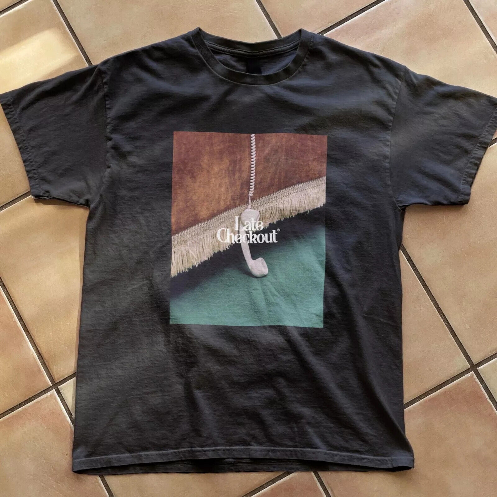 Retro late checkout Y2k thrift store aesthetic tshirt in black, gift idea