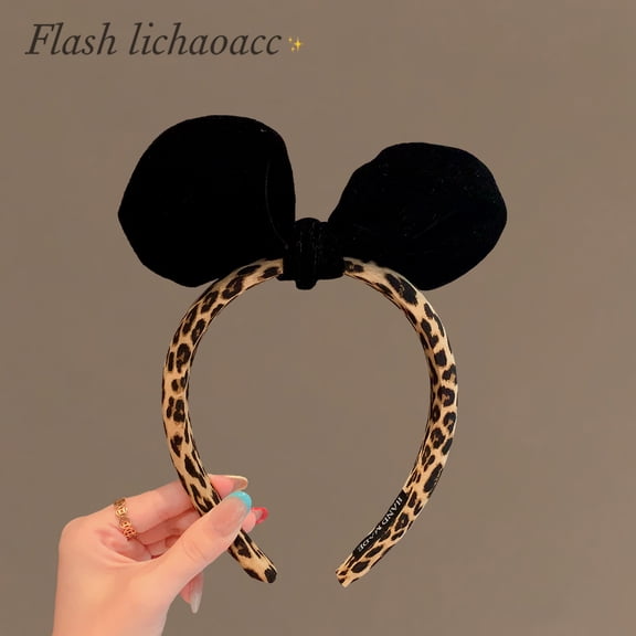 Retro leopard print headband with black velvet bow hair accessory, new style hair clip for women's face-washing headband.