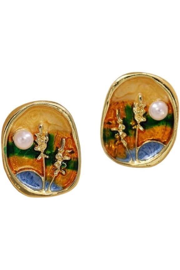 Retro literary and artistic oil painting wheat ear earrings dripping oil oval sunset pearl elegant temperament earrings[i394]