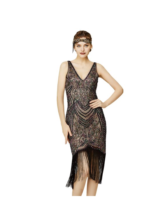 Retro masquerade V-neck sequined tassel dress