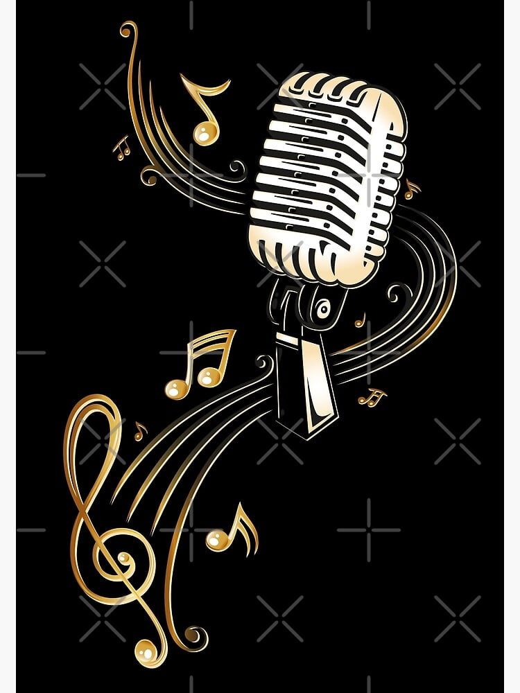 Retro microphone with music notes and clef. Canvas Poster Decor