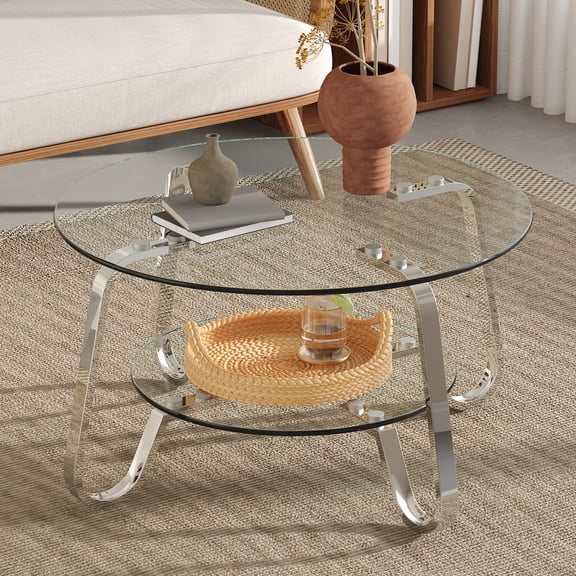 Retro minimalist style metal frame double-layer tempered glass coffee table, size 31.5 * 31.5 * 17.7 inches, adding a touch of elegance to your living room Silver