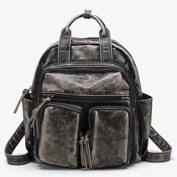 Retro multi-pocket handbag for women, distressed cool biker style, large capacity backpack/crossbody bag