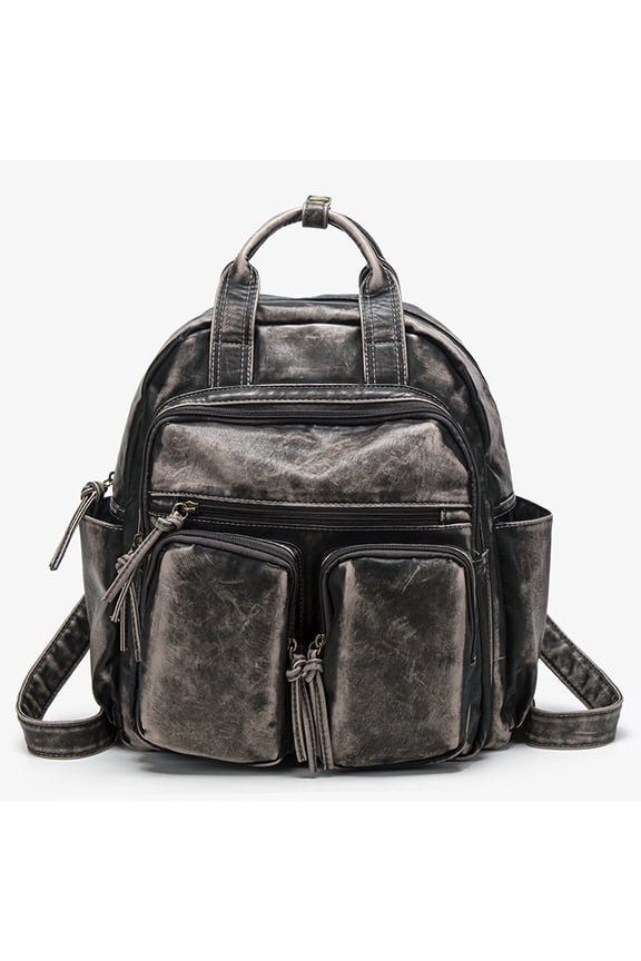 Retro multi-pocket handbag for women, distressed cool biker style, large capacity backpack/crossbody bag