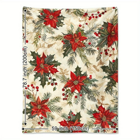 Retro oil painting style, holly, poinsettia, plants, flowers, Christmas, printed blanketa soft and warm blanket, an excellent holiday gift for classmates, friends, family, and lovers to take a nap