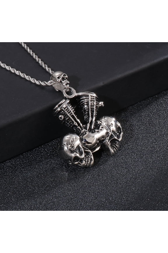 Retro ouble Skull Motorcycle Engine 14K White Gold Pendant Necklace Men Hiphop Street Culture Fashion Trendy Necklace Man Jewelry