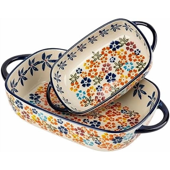 Retro pastoral style Ceramic Baking Dish Rectangular Bakeware Set Baking Pan, 2-piece Hand-painted Porcelain Baking pan with handle, Casserole Dish for Oven/Cooking/Kitchen (Colorful Flower)