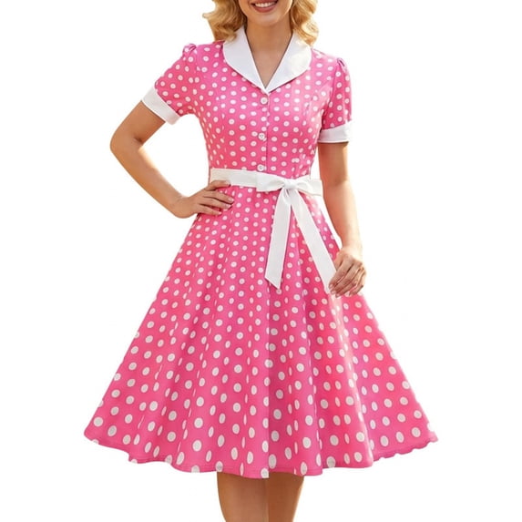 Retro polka dot short-sleeved dress for women, summer style with puff sleeves
