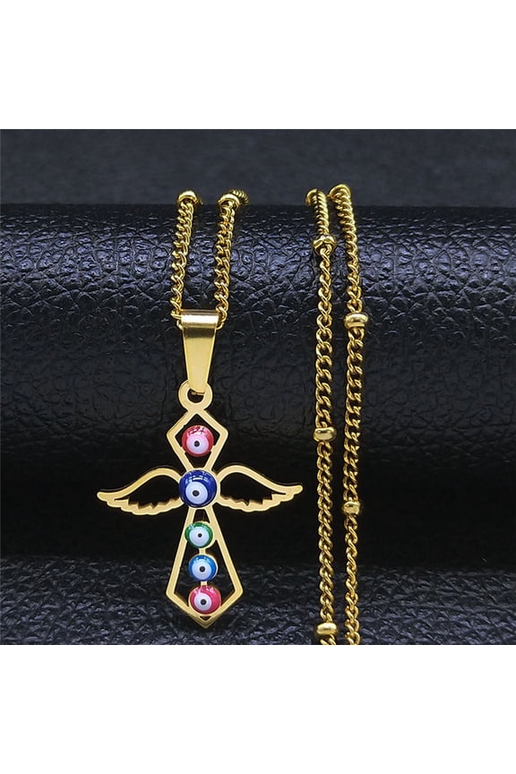 Retro rhinestone Wings of the Angel Ankh Cross 14K Yellow Gold Pendant Necklace for Men and Women Amulet Jewelry Gift