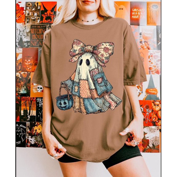 Retro season tee, Blue Denim Ghost tee, Trendy Patchwork shirt, Spooky Ghost tee, Cute Boo Ghost Coquette, Fall Pumpkin, Spooky Season All Size S-5Xl
