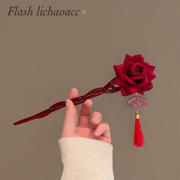 Retro senior sense of red rose hairpin temperament plate hairpin flower female New Year festive atmosphere sense of hairpin head flower hair accessories